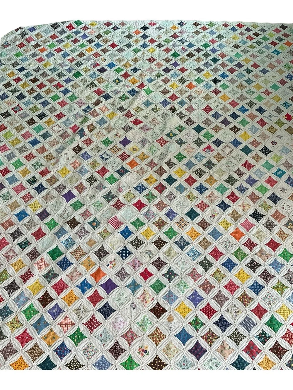 Vintage hand stitched cathedral window multicolored quilt 79 x 97 USA made